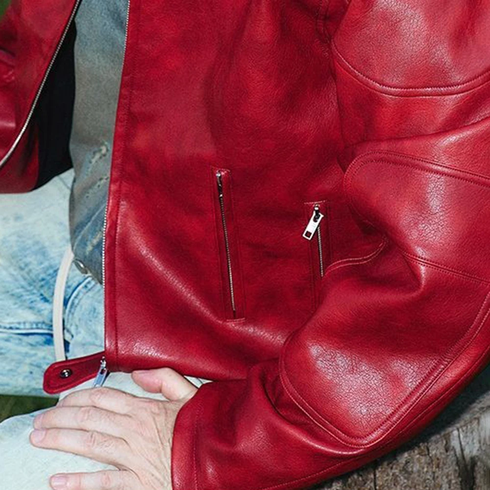 Men's Red Long-Sleeved Pu Leather Jacket American Retro Fashion Trend Street Hip-Hop Loose Casual Niche 2025 Men's New Jacket - Image 5