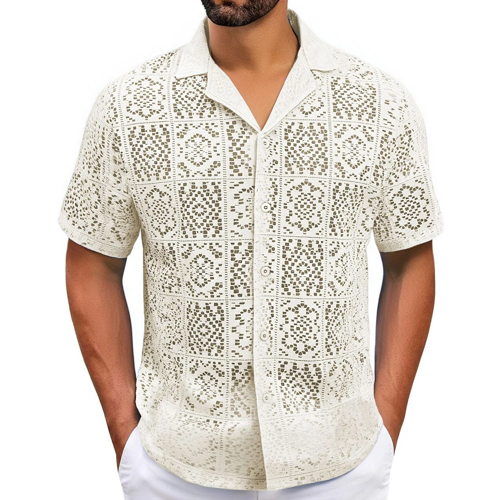 Summer New Men's Knitted Lace Hollow Short-Sleeved Shirt American Retro Fashion Trend Loose Casual Breathable Niche Men's Tops - Image 2