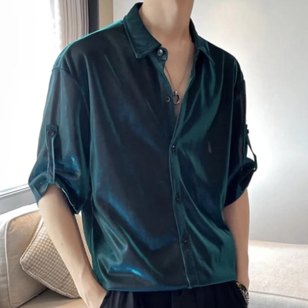 Men Y2k Satin Metallic Shirt Fashion Nightclub Harajuku Youth Personality Performance Clothing Short-Sleeve Tops Men 2024 Summer - Image 5