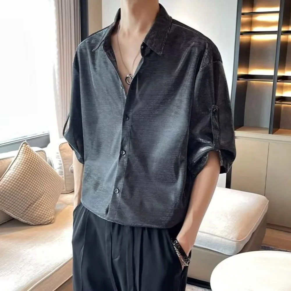 Men Y2k Satin Metallic Shirt Fashion Nightclub Harajuku Youth Personality Performance Clothing Short-Sleeve Tops Men 2024 Summer - Image 4