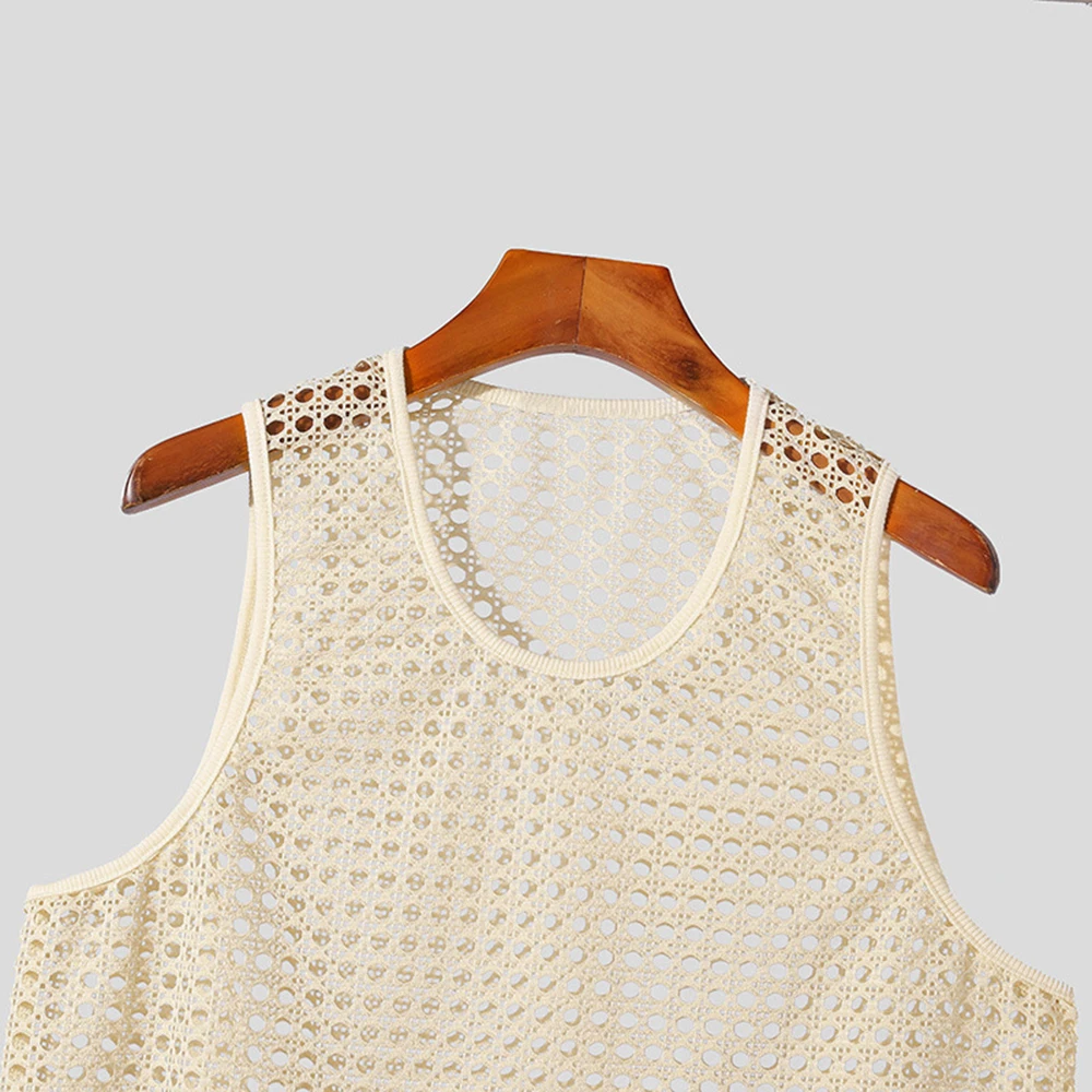 Summer Men's Solid Hollow Mesh Knitted Sleeveless Vest Sexy Fashion Casual Trend Simple Loose Breathable Sports Gym Men's Tops - Image 4