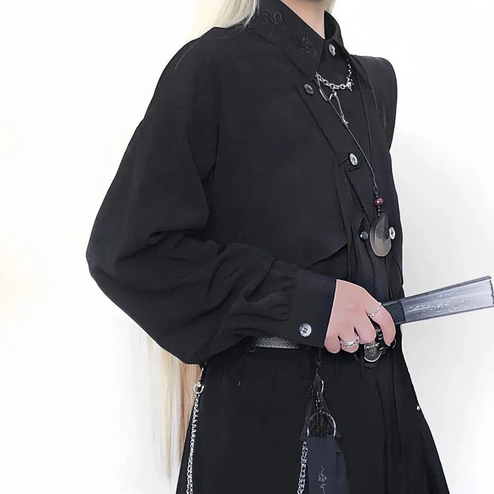Y2k Asymmetric Embroidered Shirt Side Placket Shirt Genderless Streetwear Dark Style Fashion Long-Sleeved Top Unisex 2025 New - Image 3