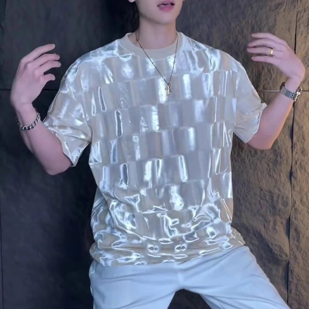 Mens T-Shirt Irregular Shiny Ballroom T-Shirt Summer Streetwear Fashion Nightclub Stage Performance Short-Sleeve Top Men'S Wear