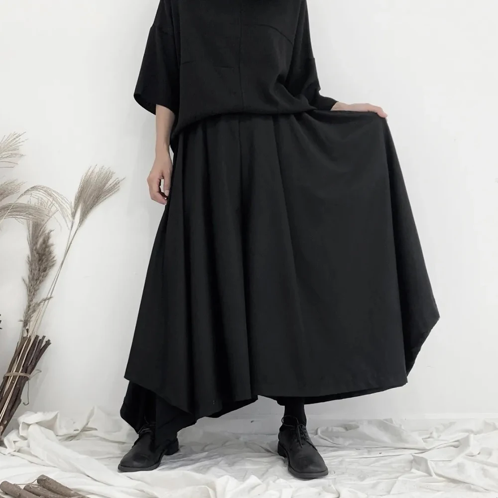 Y2k Gothic Dark Skirt Pants Irregular Pleated Casual Hakama Genderless Japanese Streetwear Fashion Wide Leg Samurai Pants Unisex