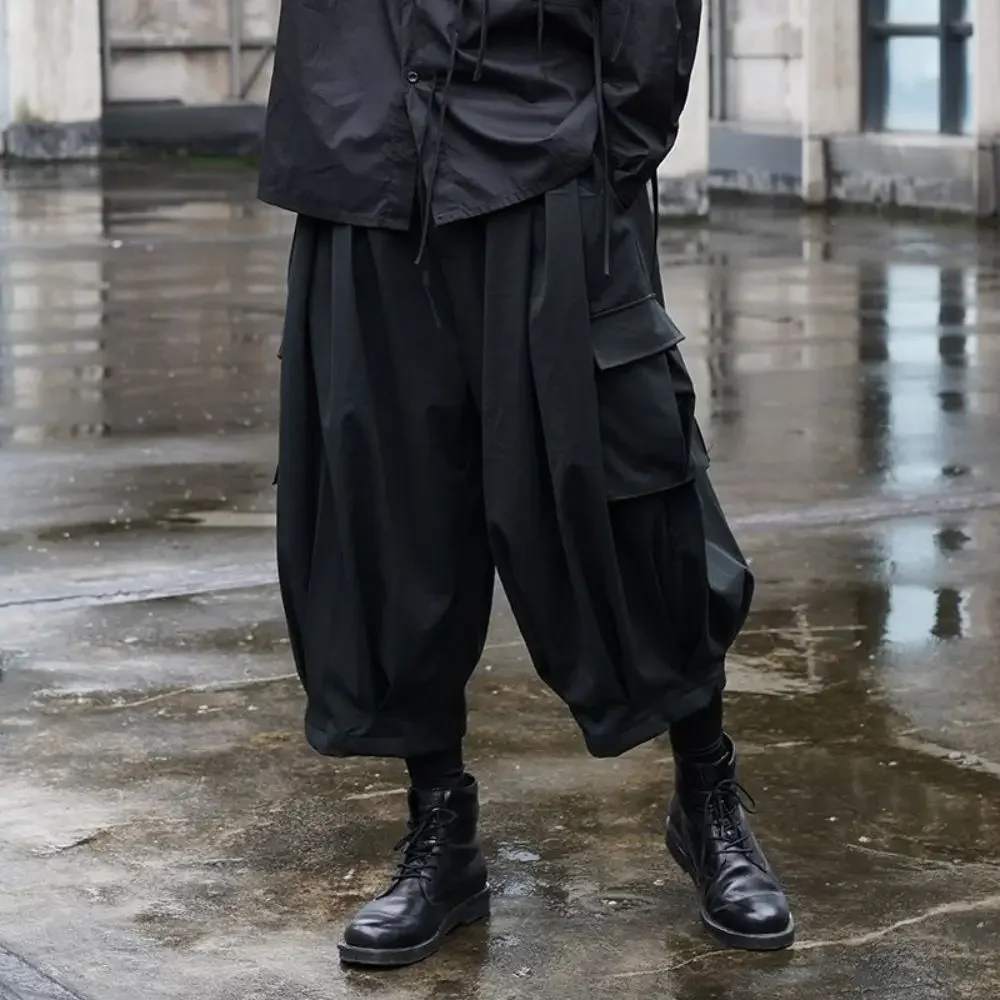 Y2k Tide Niche Dark Black Cropped Pants Men's Wear Dark Style Overalls Trousers Casual Ankle-length Loose Samurai Pants - Image 3