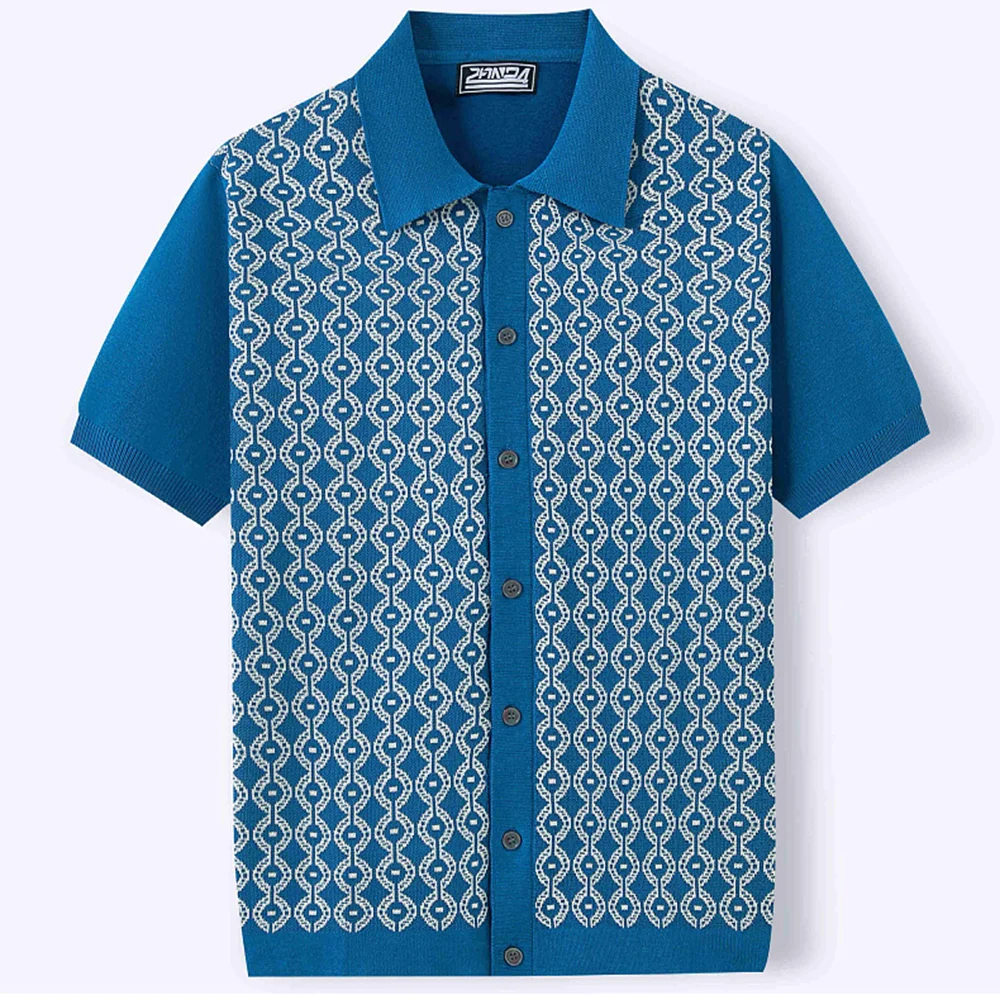 Summer New Men's Short-Sleeved Jacquard Cardigan Knitted Shirt Retro Fashion Trend Casual Loose Breathable Niche Men's Tops - Image 9