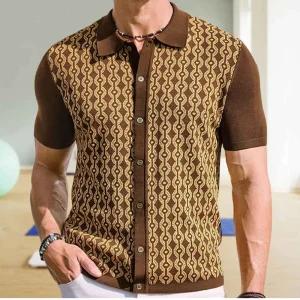 Summer New Men's Short-Sleeved Jacquard Cardigan Knitted Shirt Retro Fashion Trend Casual Loose Breathable Niche Men's Tops