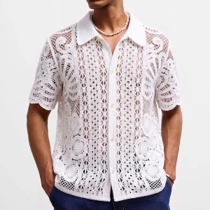 2026 Summer New Men's Solid Color Knitted Short-Sleeve Shirt American Retro Fashion Trendy Street Casual Loose Simple Men's Top