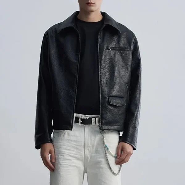 Black men’s PU leather jacket shown as an example image for visual sourcing