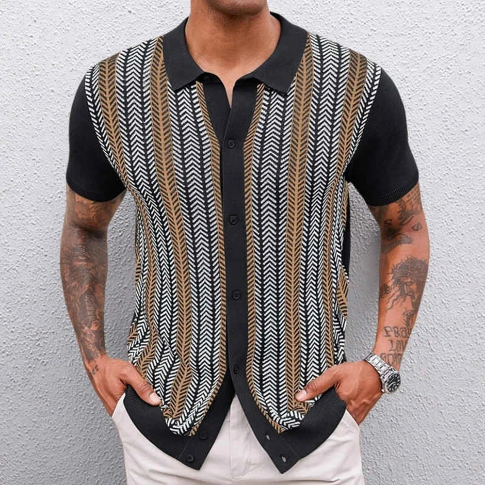 Summer Men's Color Matching Striped Jacquard Knitted Short-Sleeved Shirt Casual Fashion Trend Loose Breathable Daily Men's Tops - Image 3