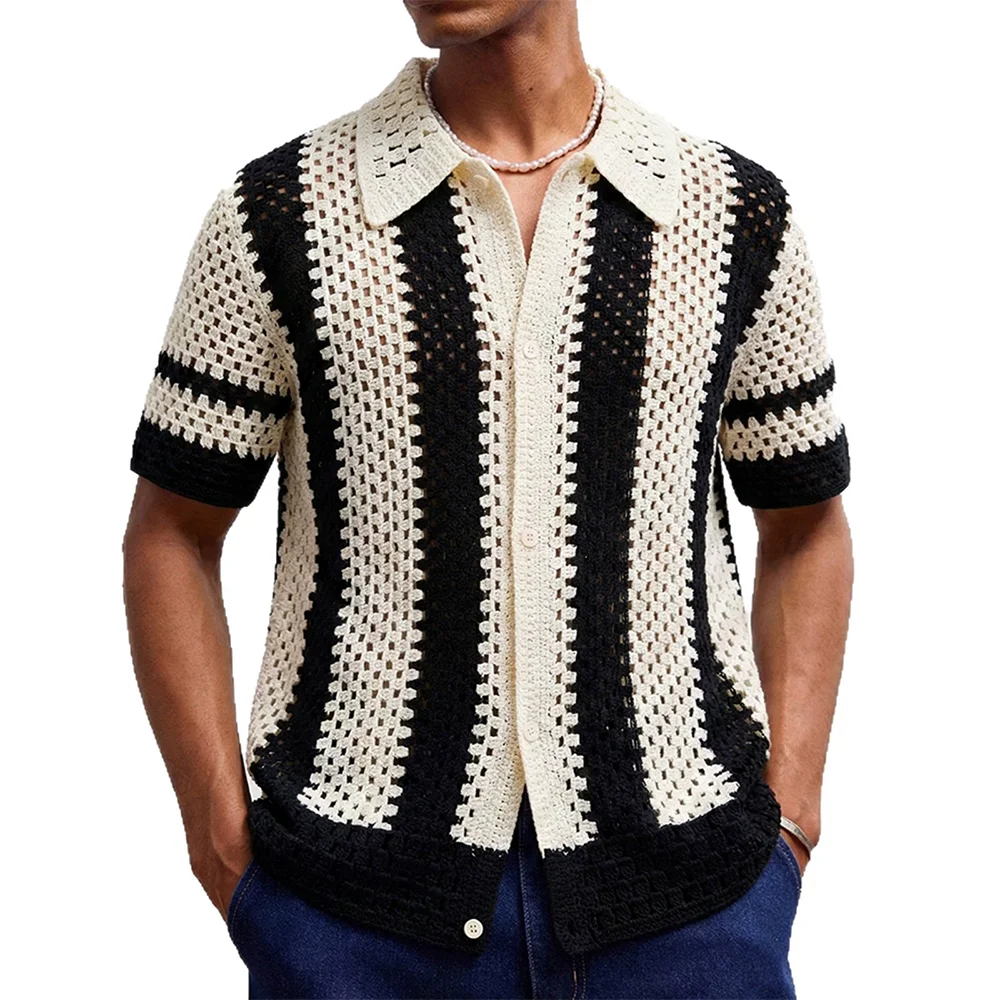 2026 Summer New Men's Striped Knit Short-Sleeve Shirt American Retro Fashion Trendy Street Casual Loose Breathable Men's Top - Image 5