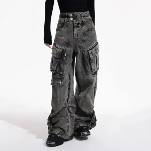 Men Gothic Jeans Y2k Big Pocket Cargo Jeans Streetwear Fashion Japanese Youth Campus Wide Leg Casual Pants Male Men'S Clothing