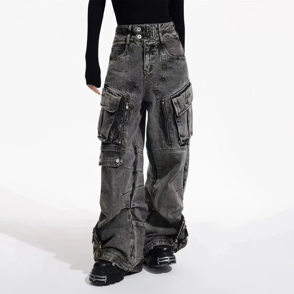 Men Gothic Jeans Y2k Big Pocket Cargo Jeans Streetwear Fashion Japanese Youth Campus Wide Leg Casual Pants Male Men'S Clothing