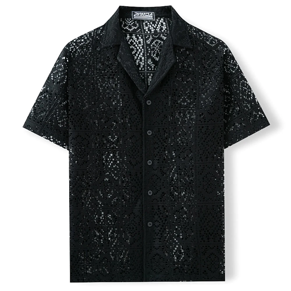 Summer New Men's Knitted Lace Hollow Short-Sleeved Shirt American Retro Fashion Trend Loose Casual Breathable Niche Men's Tops - Image 8