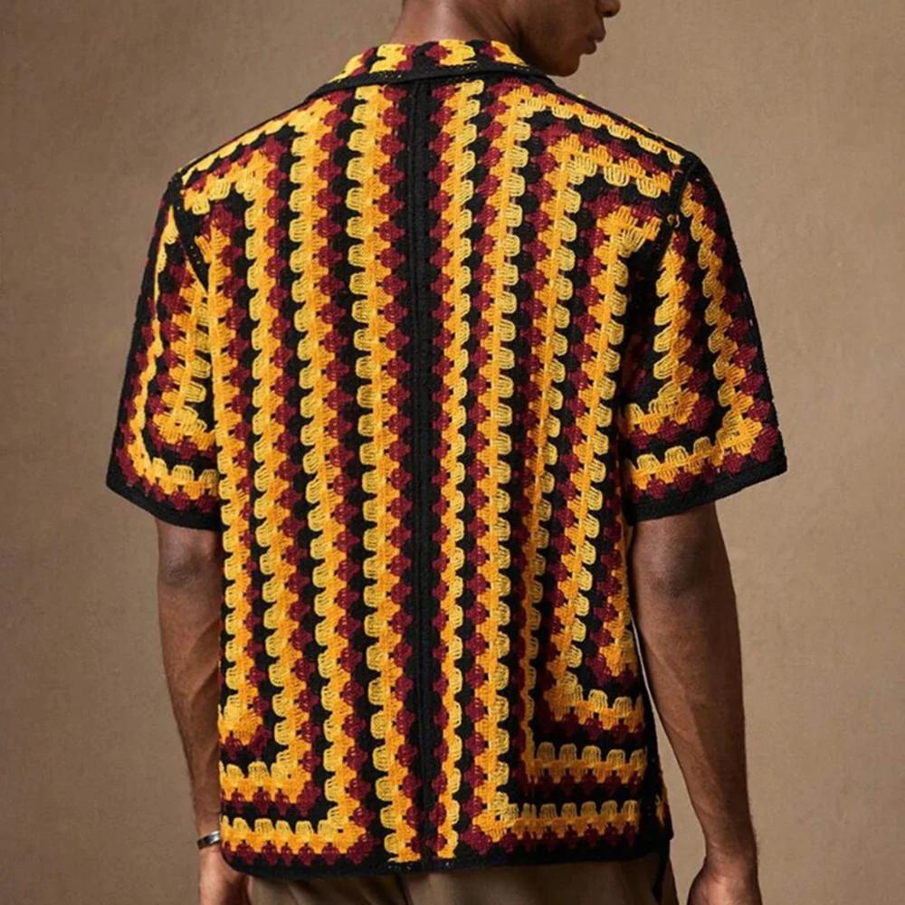 Men's Contrast Striped Hollow Short-Sleeved Shirt American Retro Fashion Trend Loose Casual Breathable Niche Summer Men's Tops - Image 3