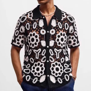 2026 Summer New Men's Hollow-Out Short-Sleeve Shirt American Retro Fashion Trendy Loose Casual Breathable Niche Men's Top