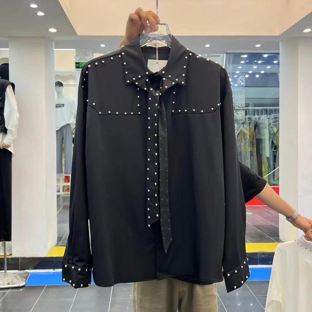 Mens Shirts Rivets Ribbons Casual Shirts Streetwear Trendy Niche Youth Campus Performance Long-Sleeved Tops Men'S Clothing 2025 - Image 6
