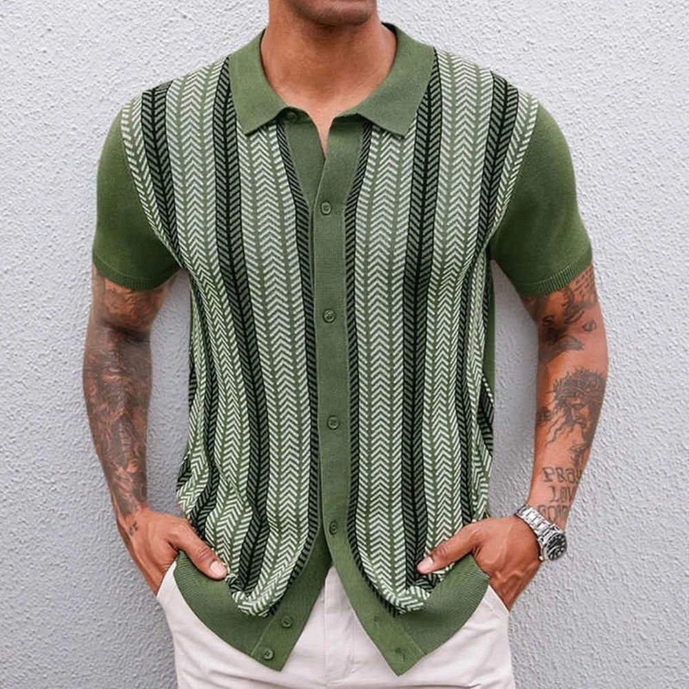 Summer Men's Color Matching Striped Jacquard Knitted Short-Sleeved Shirt Casual Fashion Trend Loose Breathable Daily Men's Tops - Image 2