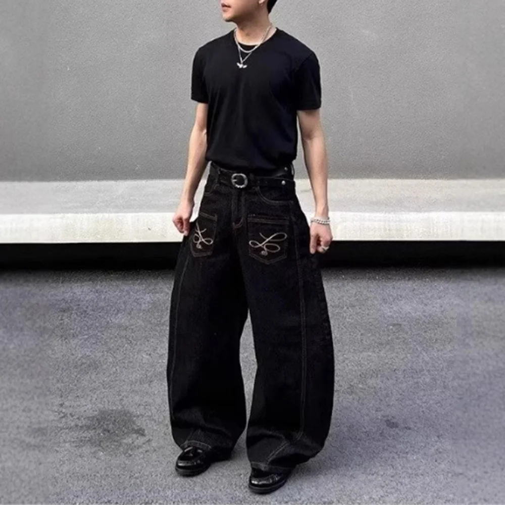 2025 Summer New Men's Y2k Pocket Decoration Jeans Harajuku Retro Fashion Trend Street Hip-Hop Casual Loose Niche Men's Bottoms - Image 2