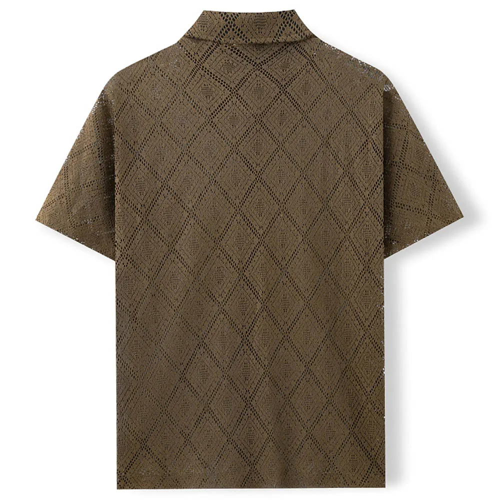 Men's Solid Color Jacquard Hollow Short-Sleeved Shirt American Retro Fashion Trend Loose Breathable Casual Niche Men's Tops - Image 5