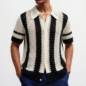 2026 Summer New Men's Striped Knit Short-Sleeve Shirt American Retro Fashion Trendy Street Casual Loose Breathable Men's Top