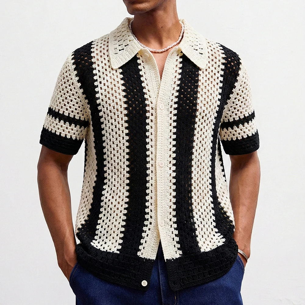 2026 Summer New Men's Striped Knit Short-Sleeve Shirt American Retro Fashion Trendy Street Casual Loose Breathable Men's Top