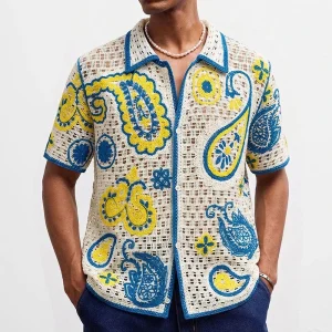 2026 Summer New Men's Jacquard Short-Sleeve Shirt American Retro Fashion Trendy Street Style Loose Casual Breathable Men's Top