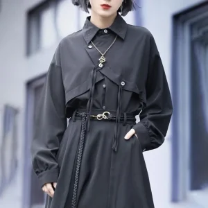 Y2k Asymmetric Embroidered Shirt Side Placket Shirt Genderless Streetwear Dark Style Fashion Long-Sleeved Top Unisex 2025 New