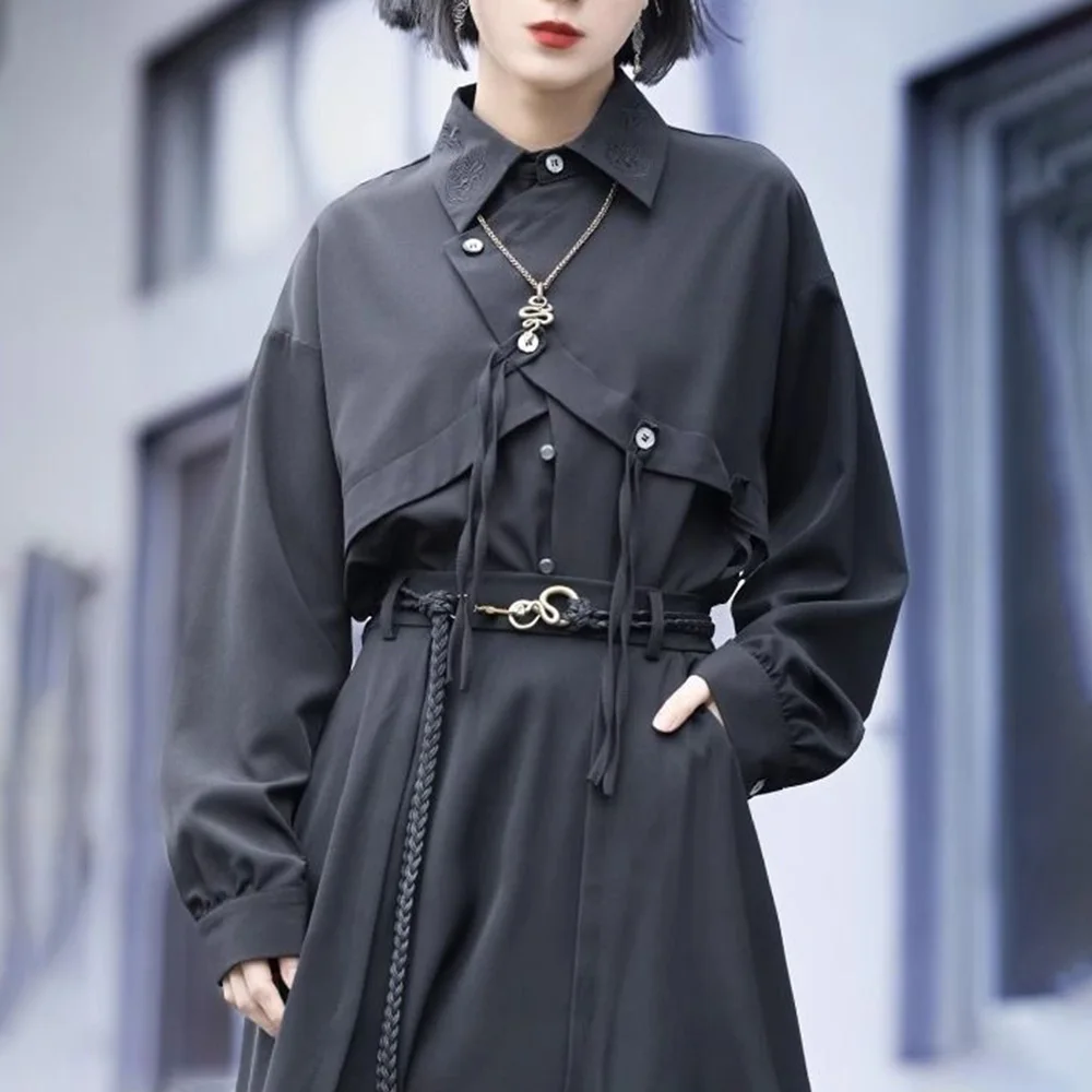 Y2k Asymmetric Embroidered Shirt Side Placket Shirt Genderless Streetwear Dark Style Fashion Long-Sleeved Top Unisex 2025 New
