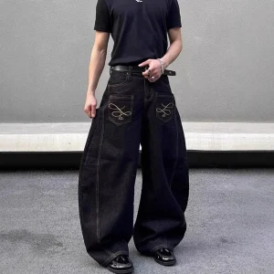 2025 Summer New Men's Y2k Pocket Decoration Jeans Harajuku Retro Fashion Trend Street Hip-Hop Casual Loose Niche Men's Bottoms