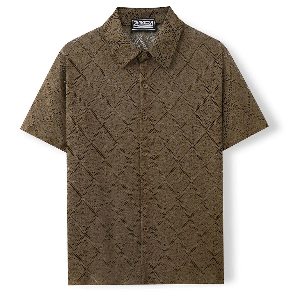 Men's Solid Color Jacquard Hollow Short-Sleeved Shirt American Retro Fashion Trend Loose Breathable Casual Niche Men's Tops - Image 7