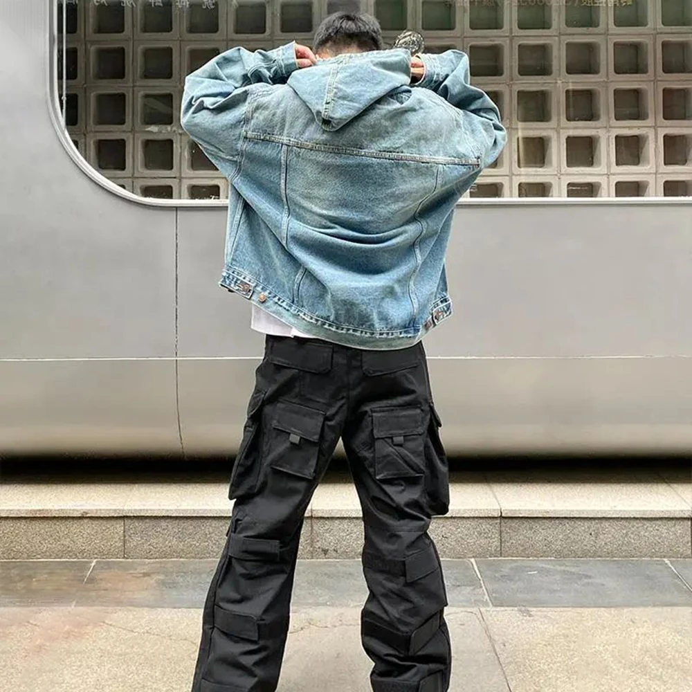 Mens Autumn Fashion Denim Washed Distressed Retro Hoodie Genderless Street Fashion Casual Loose Denim Sweatshirt Unisex - Image 5