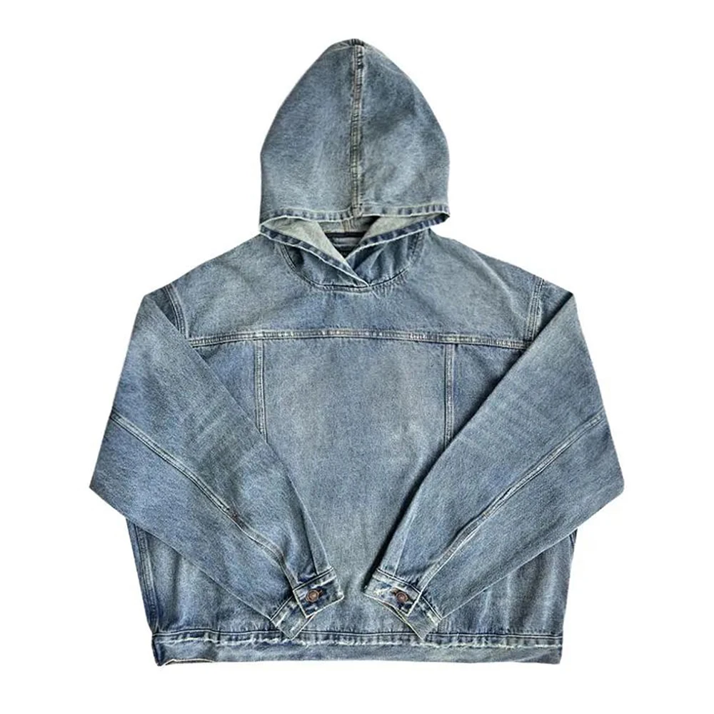 Mens Autumn Fashion Denim Washed Distressed Retro Hoodie Genderless Street Fashion Casual Loose Denim Sweatshirt Unisex - Image 7