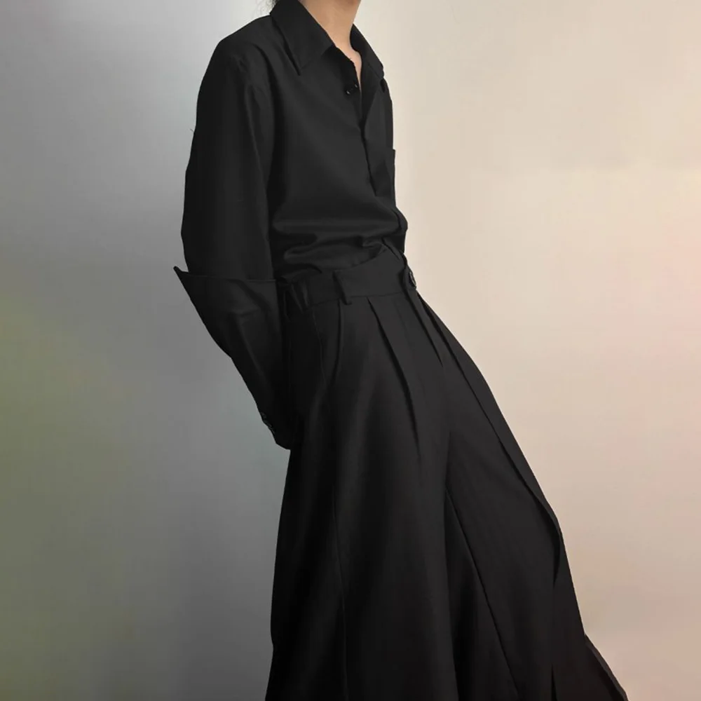 Gothic Culottes Overlap Y2K Double Layer Dark Culottes Pleated Wide Leg Niche Design Casual Pants Skirt Unisex Men's Clothing - Image 4