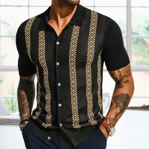 2025 Summer New Men's Striped Jacquard Contrast Color Knitted Short Sleeve Shirt Casual Fashion Retro Trend Loose Men's Tops