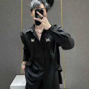 Autumn Male Solid Color Stitching Long-Sleeved Shirt American Retro Fashion Trend High Street Loose Casual Niche Men's Tops 2025