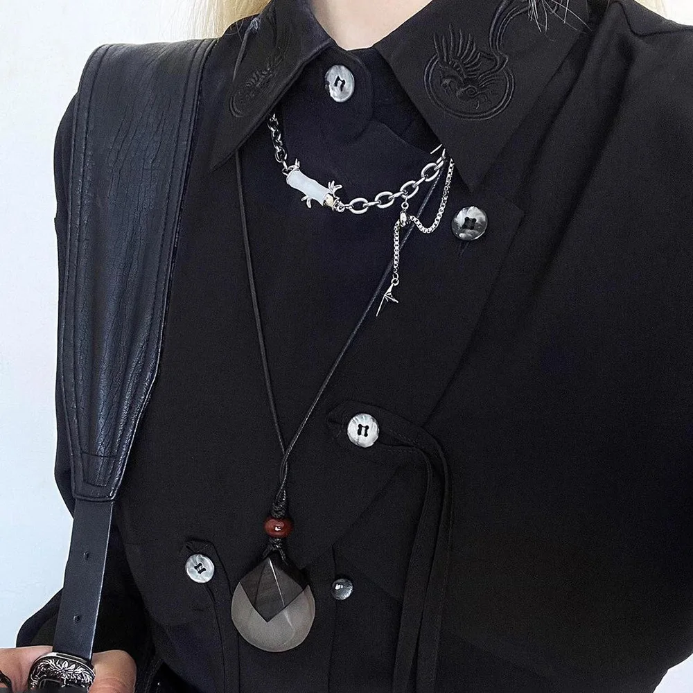 Y2k Asymmetric Embroidered Shirt Side Placket Shirt Genderless Streetwear Dark Style Fashion Long-Sleeved Top Unisex 2025 New - Image 6