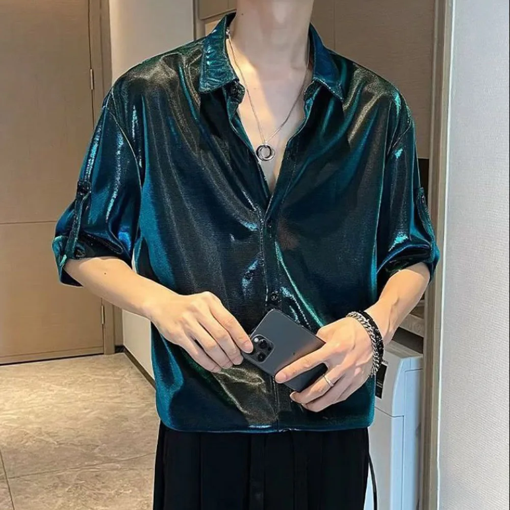 Men Y2k Satin Metallic Shirt Fashion Nightclub Harajuku Youth Personality Performance Clothing Short-Sleeve Tops Men 2024 Summer - Image 6