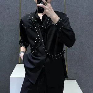 Mens Ribbons Rivets Shirts Autumn Streetwear Fashion Trends Campus Performances Casual Long-Sleeve Tops Men'S Clothing 2024
