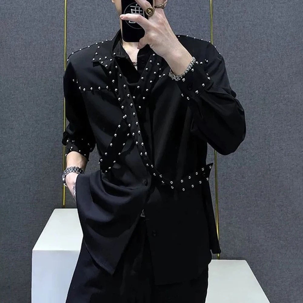 Mens Ribbons Rivets Shirts Autumn Streetwear Fashion Trends Campus Performances Casual Long-Sleeve Tops Men'S Clothing 2024