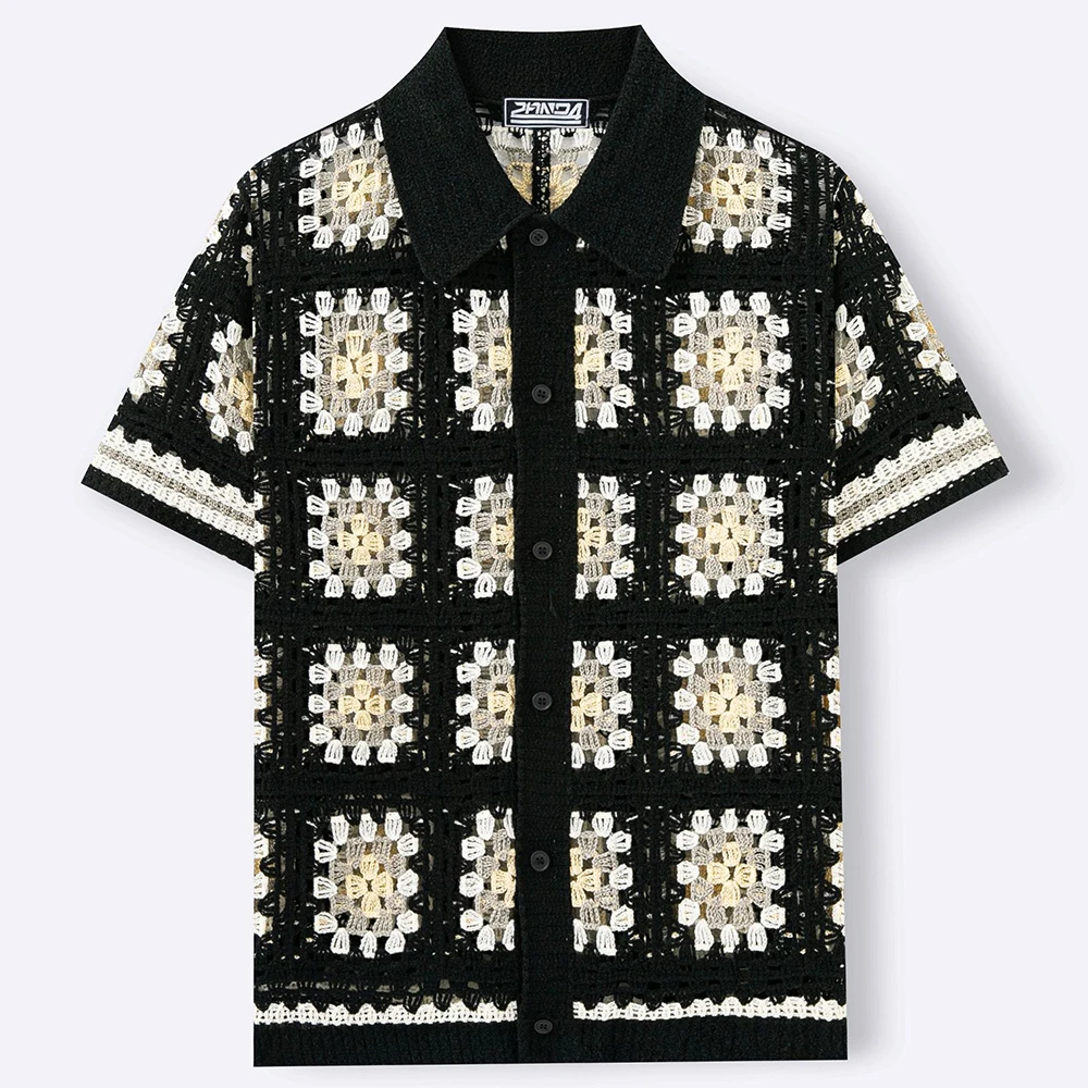Summer New Men's Color Block Knitted Short-Sleeve Shirt American Retro Fashion Trendy Casual Simple Loose Breathable Men's Top - Image 4