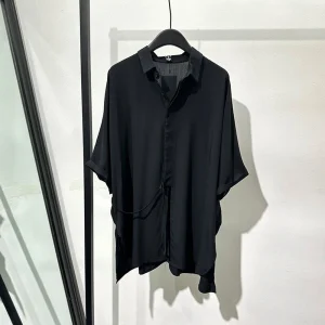 Mens Dark Black Lace-Up Casual Shirt Spring Fashion Nightclub Casual Youth Short-Sleeve Top New Style For Men'S Clothing 2026