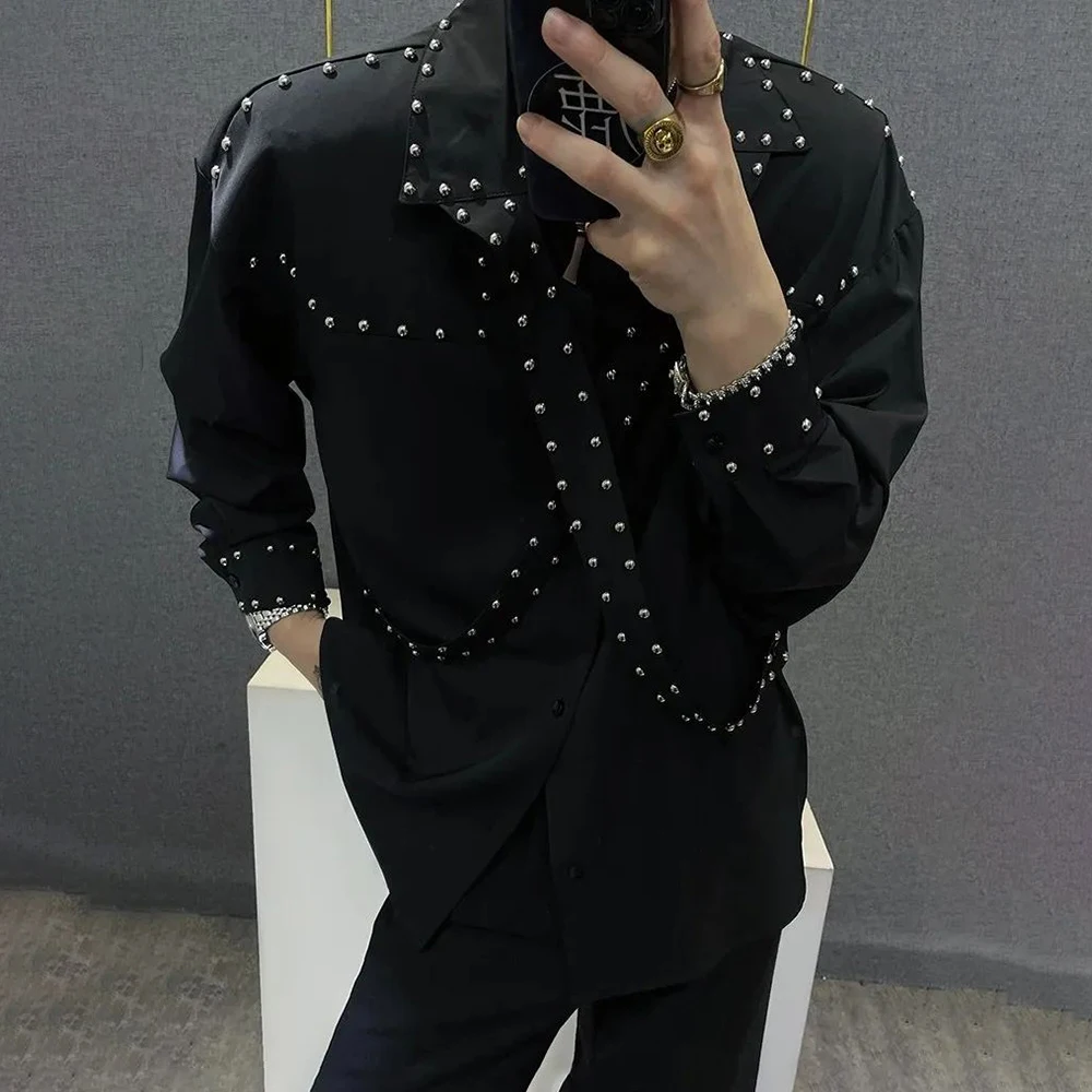 Mens Ribbons Rivets Shirts Autumn Streetwear Fashion Trends Campus Performances Casual Long-Sleeve Tops Men'S Clothing 2024 - Image 3