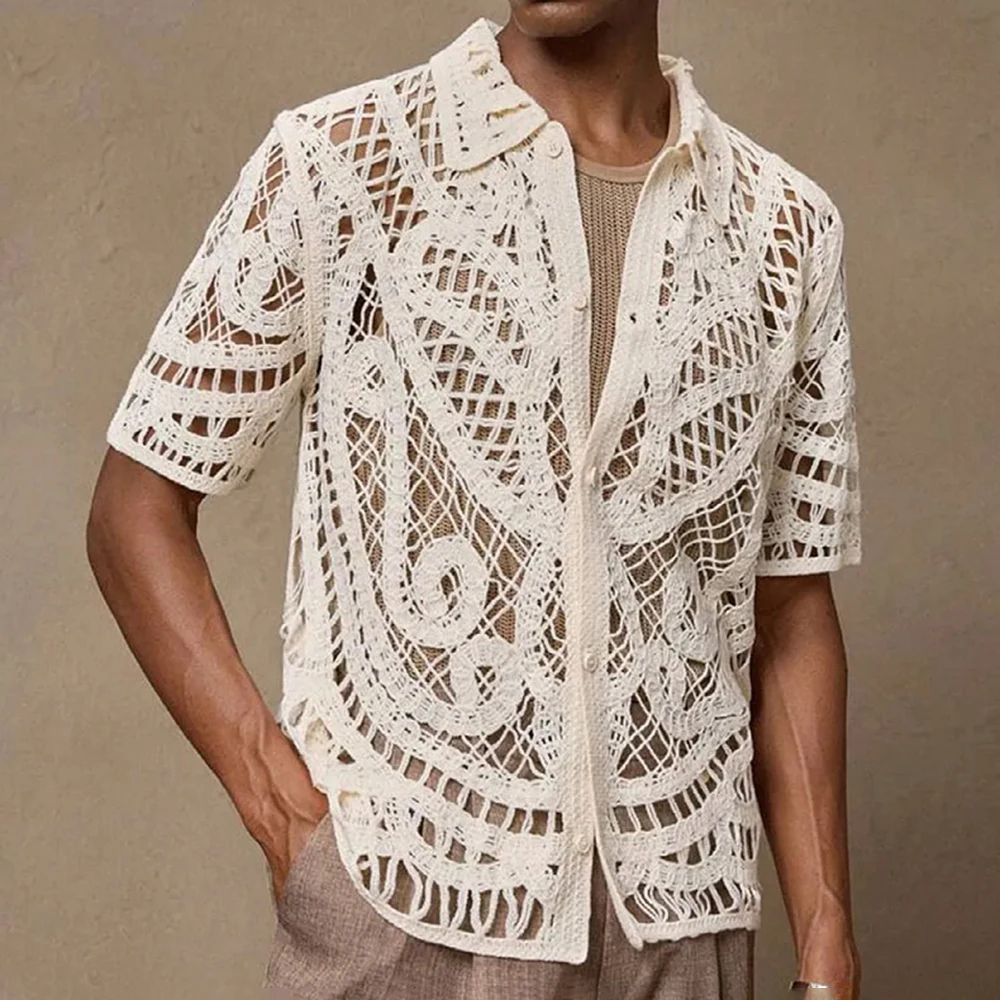 Men's Solid Color Hollow Knitted Short-Sleeved Shirt Retro Fashion Trend Loose Casual Breathable Niche Summer New Men's Tops - Image 2