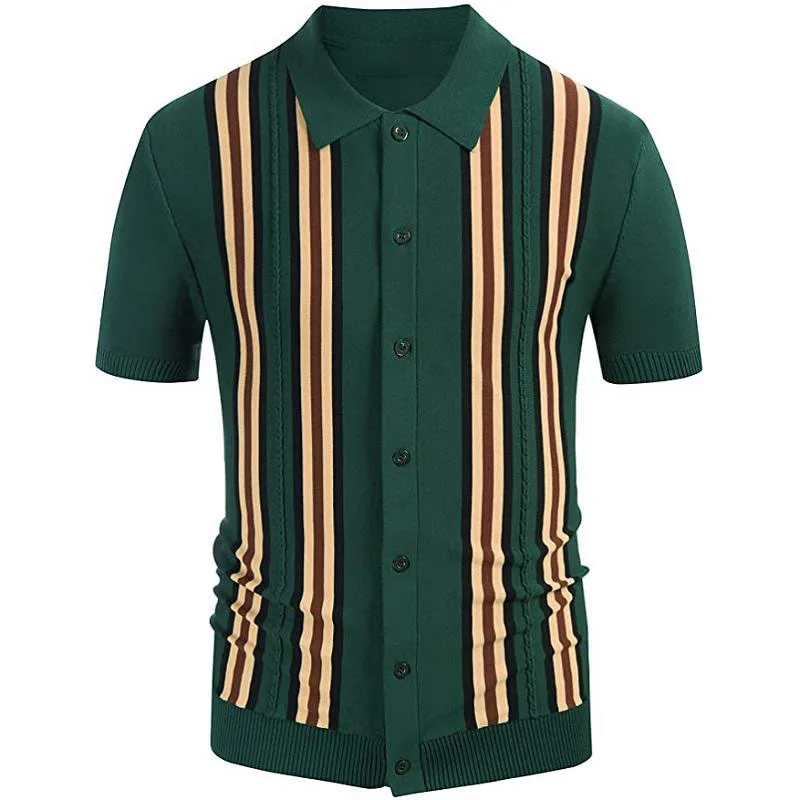 Men Knitwear Short Sleeve Polo Shirt Casual Slim Fit Suit Collar Button Polo Shirt Breathable Summer Top Stripe Green Contrast - Image 4