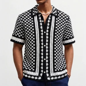 2026 Summer New Men's Jacquard Knit Short-Sleeve Shirt American Retro Fashion Trendy Casual Loose Breathable Niche Men's Top