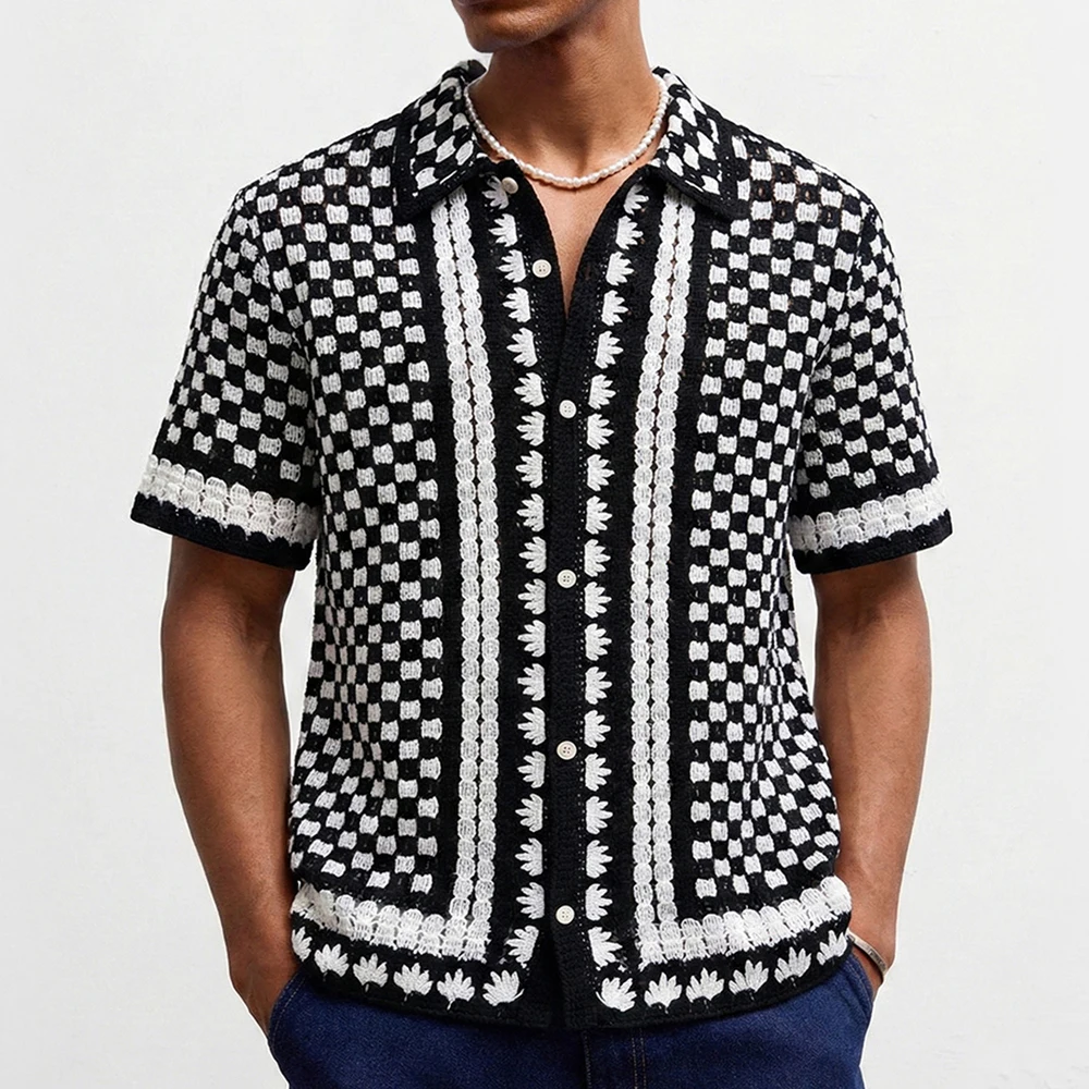 2026 Summer New Men's Jacquard Knit Short-Sleeve Shirt American Retro Fashion Trendy Casual Loose Breathable Niche Men's Top