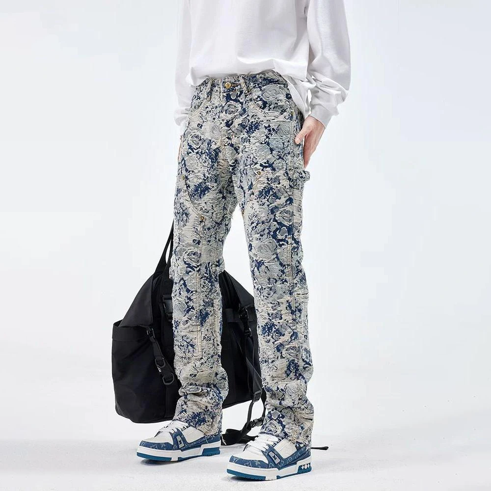 Men Jeans Jacquard Washed Cargo Casual Straight Pants Streetwear Fashion Hip Hop Retro Trend Trousers Male Men'S Clothing 2024