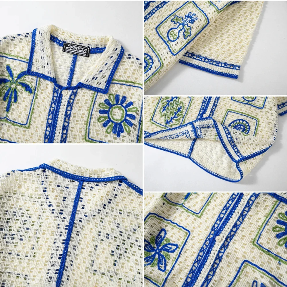 Summer New Men's Color Block Knitted Short-Sleeve Shirt Retro Fashion Trendy Street Loose Casual Breathable Vacation Men's Top - Image 5