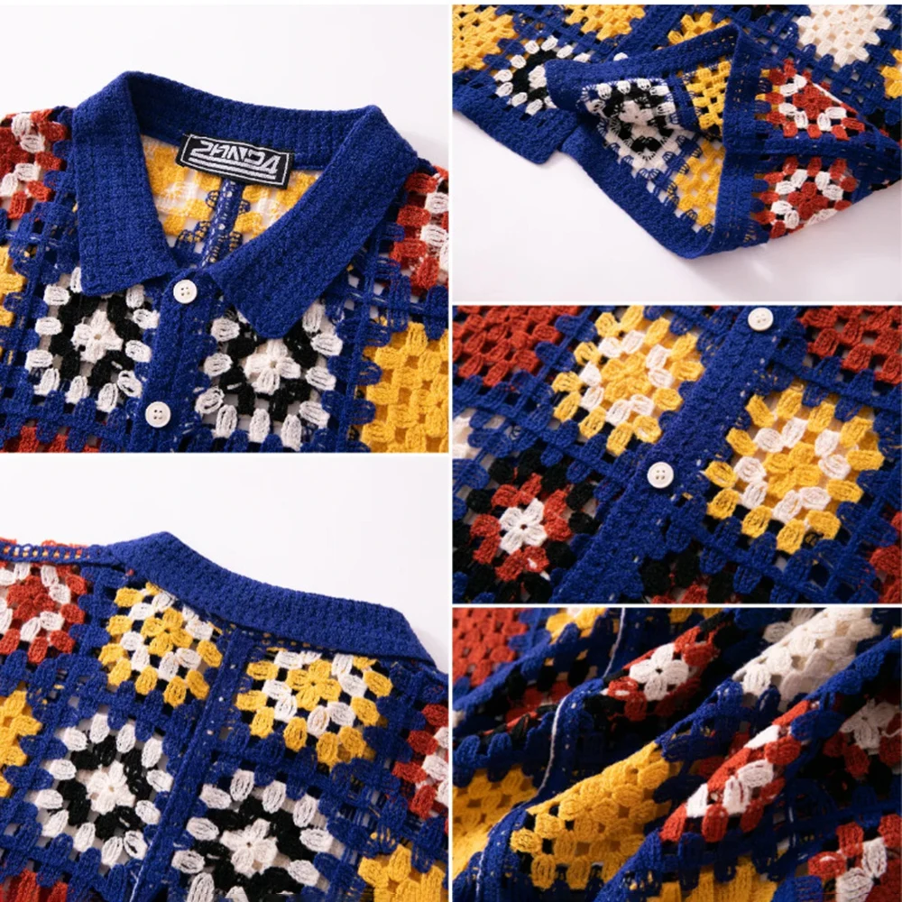 Men's Hollow Knitted Short-Sleeved Shirt American Retro Fashion Trend Casual Loose Breathable Niche Summer New Men's Tops - Image 5